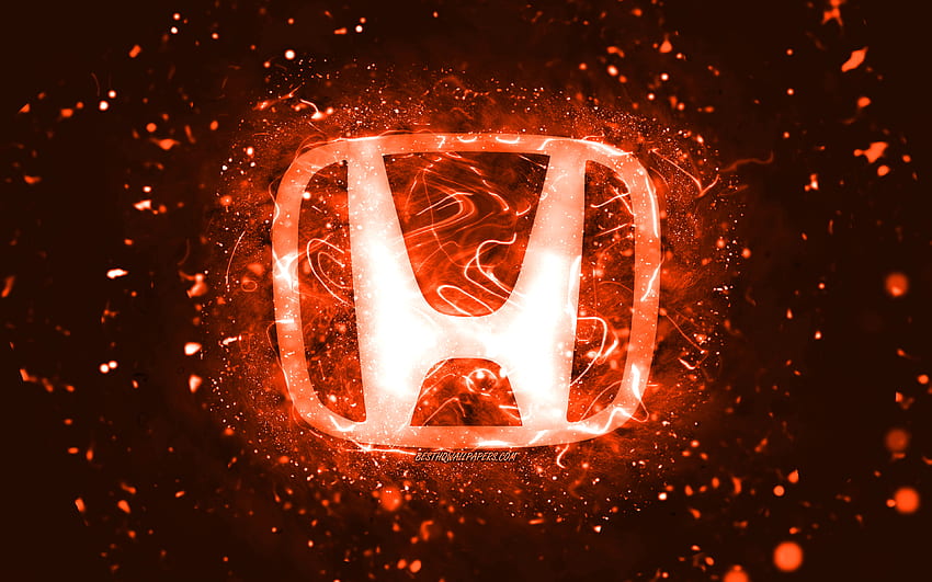 Logo oranye Honda,, lampu neon oranye, kreatif, latar belakang abstrak oranye, logo Honda, merek mobil, Honda Wallpaper HD