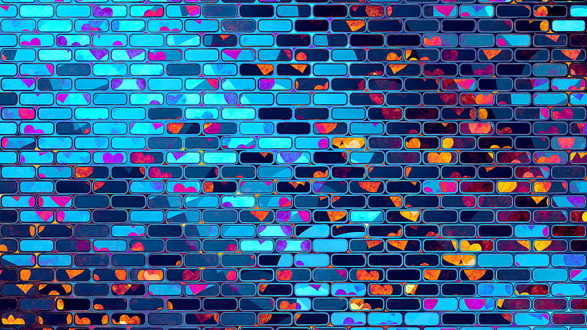 Neon, hearts, brick wall HD wallpaper
