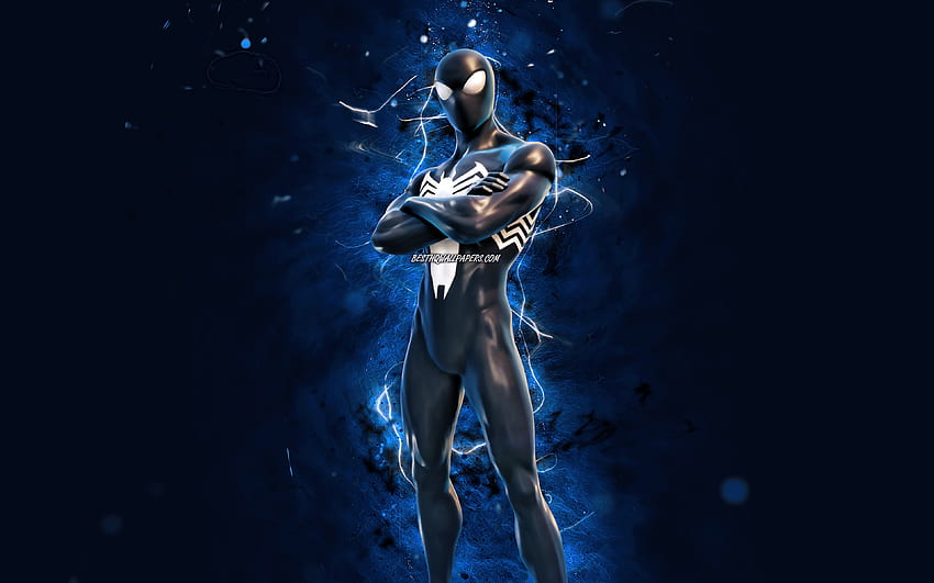 Symbiote Suit Spider-Man, , blue neon lights, Fortnite Battle Royale, Fortnite characters, Symbiote Suit Spider-Man Skin, Fortnite, Symbiote Suit Spider-Man Fortnite HD wallpaper