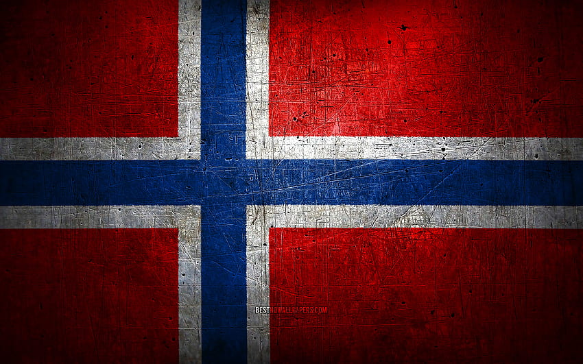 Norwegian metal flag, grunge art, European countries, Day of Norway, national symbols, Norway flag, metal flags, Flag of Norway, Europe, Norwegian flag, Norway HD wallpaper