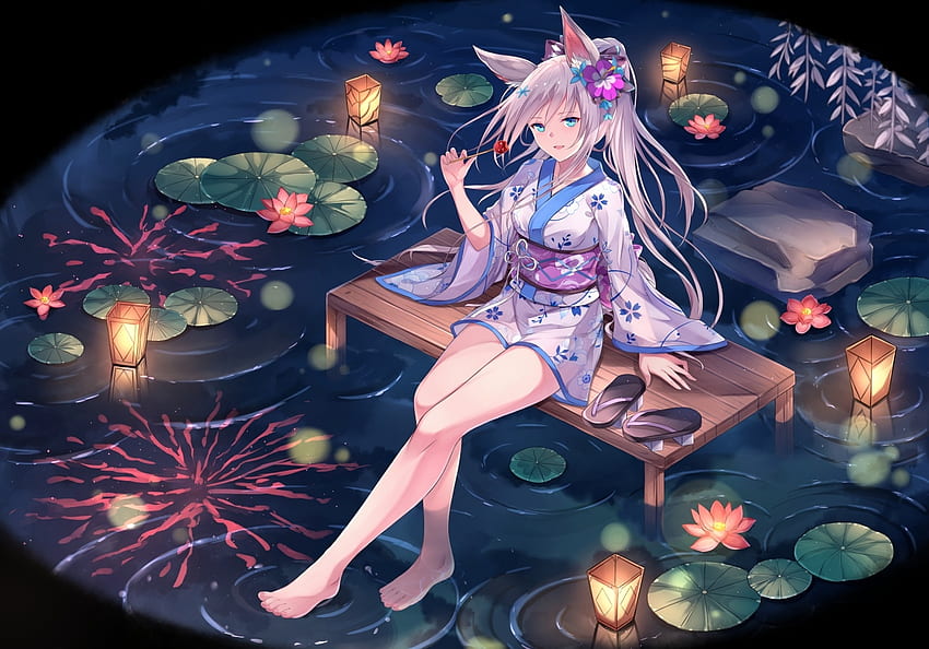 Foxgirl, night, girl, summer, anime, butterfly, light, flower, lantern, fuuro, water, manga, pond, lotus HD wallpaper