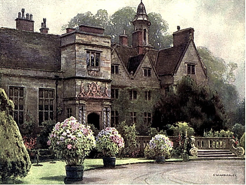 Old Manor, old, grey, plants, house, stone, flowers, beauty, walkway HD wallpaper