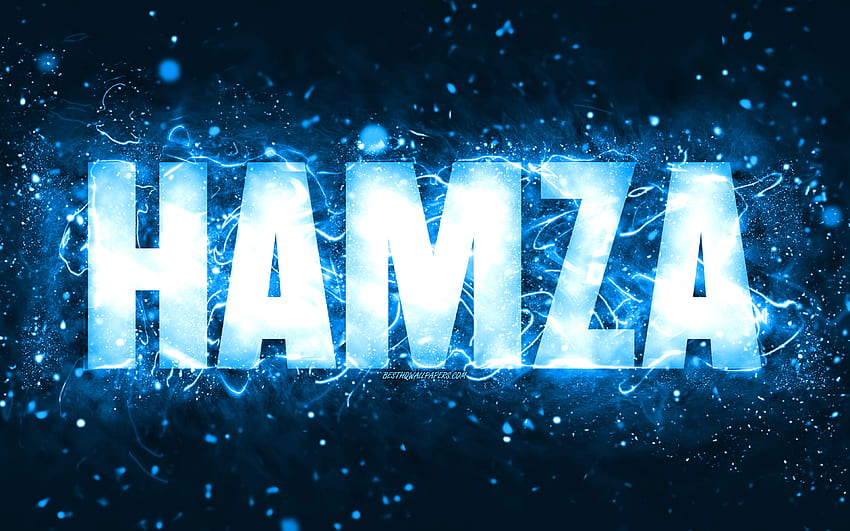 Happy Birtay Hamza, , blaue Neonlichter, Name Hamza, kreativ, Hamza Happy Birtay, Hamza Birtay, beliebte amerikanische männliche Namen, mit dem Namen Hamza, Hamza HD-Hintergrundbild