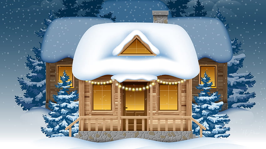 Wonderland Cottage, синьо, зима, празници, къща, тема Firefox Persona, кабина, сняг, светлини, коледа, дървета, вила, дом HD тапет