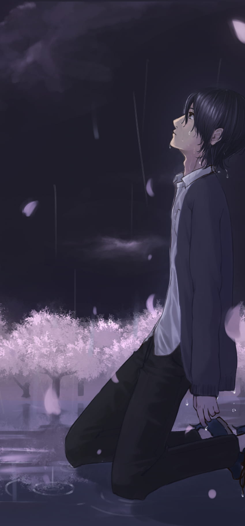 Anime Boy, Traurigkeit, Weinen, Tränen in den Augen, Mond, Regen, Petals for Honor View 20 HD-Handy-Hintergrundbild