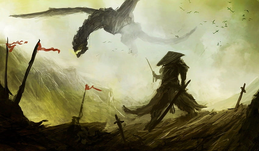 art fiction dragon samurai battlefield standard HD wallpaper