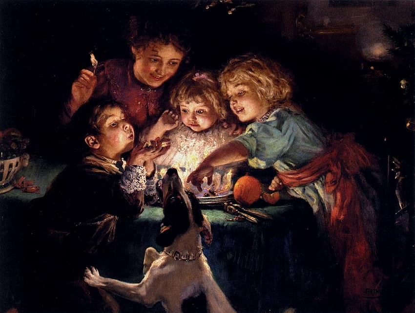 Arthur John Elsley * Snapdragon 1894, dog, puppy, painting, boy, art, arthur john elsley, girl HD wallpaper