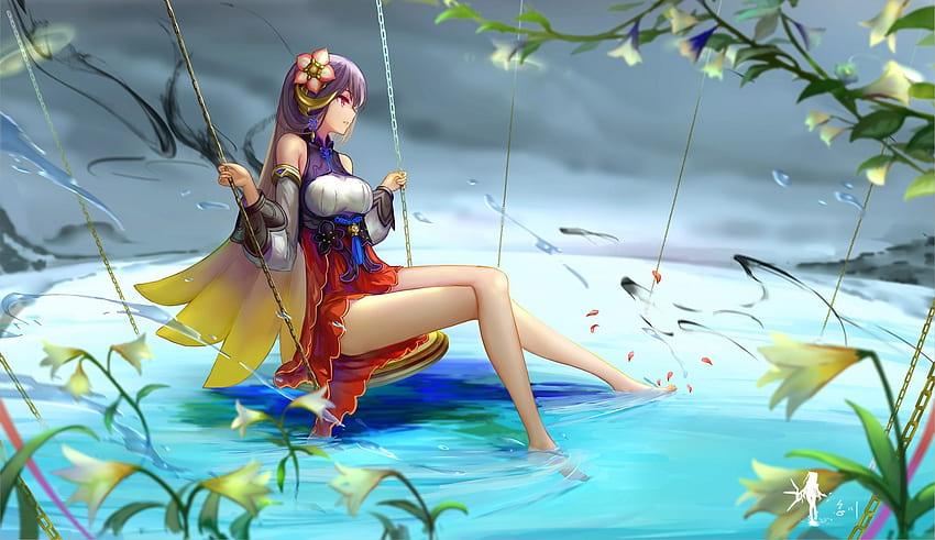 Mädchen, Blau, Swing, Sommer, Anime, Fantasy, Blume, Rot, Luminos, Wasser, Manga HD-Hintergrundbild