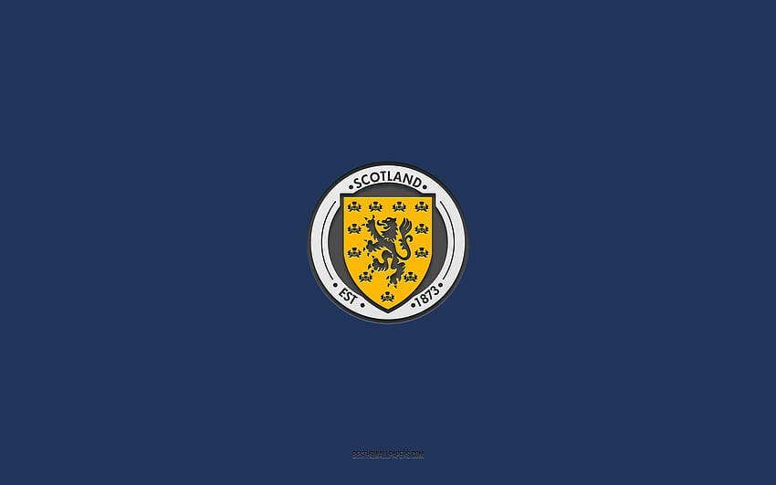 サッカー スコットランド代表チーム、青色の背景、サッカー チーム、エンブレム、UEFA、スコットランド、サッカー、サッカー スコットランド代表チームのロゴ、ヨーロッパ 高画質の壁紙