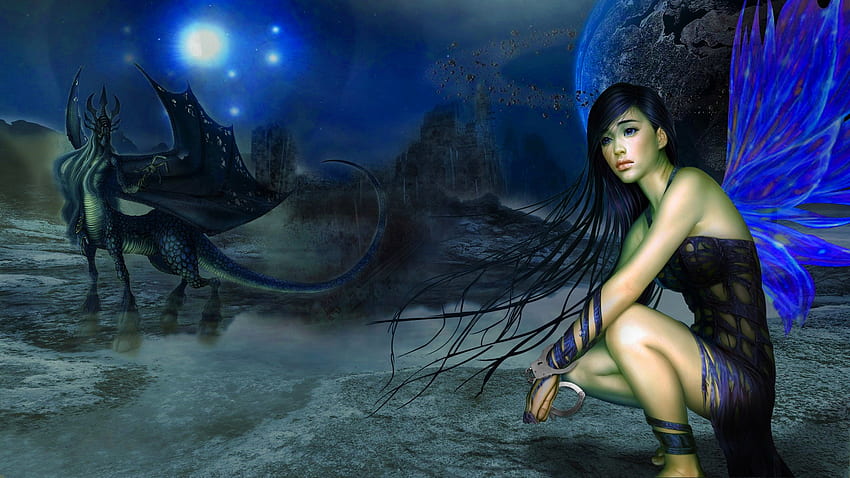 Winged girl and dragon, blue, art, girl, beautiful, angel, woman, digital, fantasy, pretty, dragon papel de parede HD