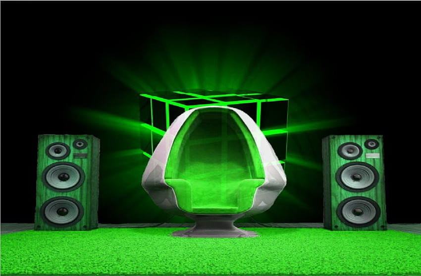 música, cadeira, alto-falantes, resumo verde, cubos papel de parede HD