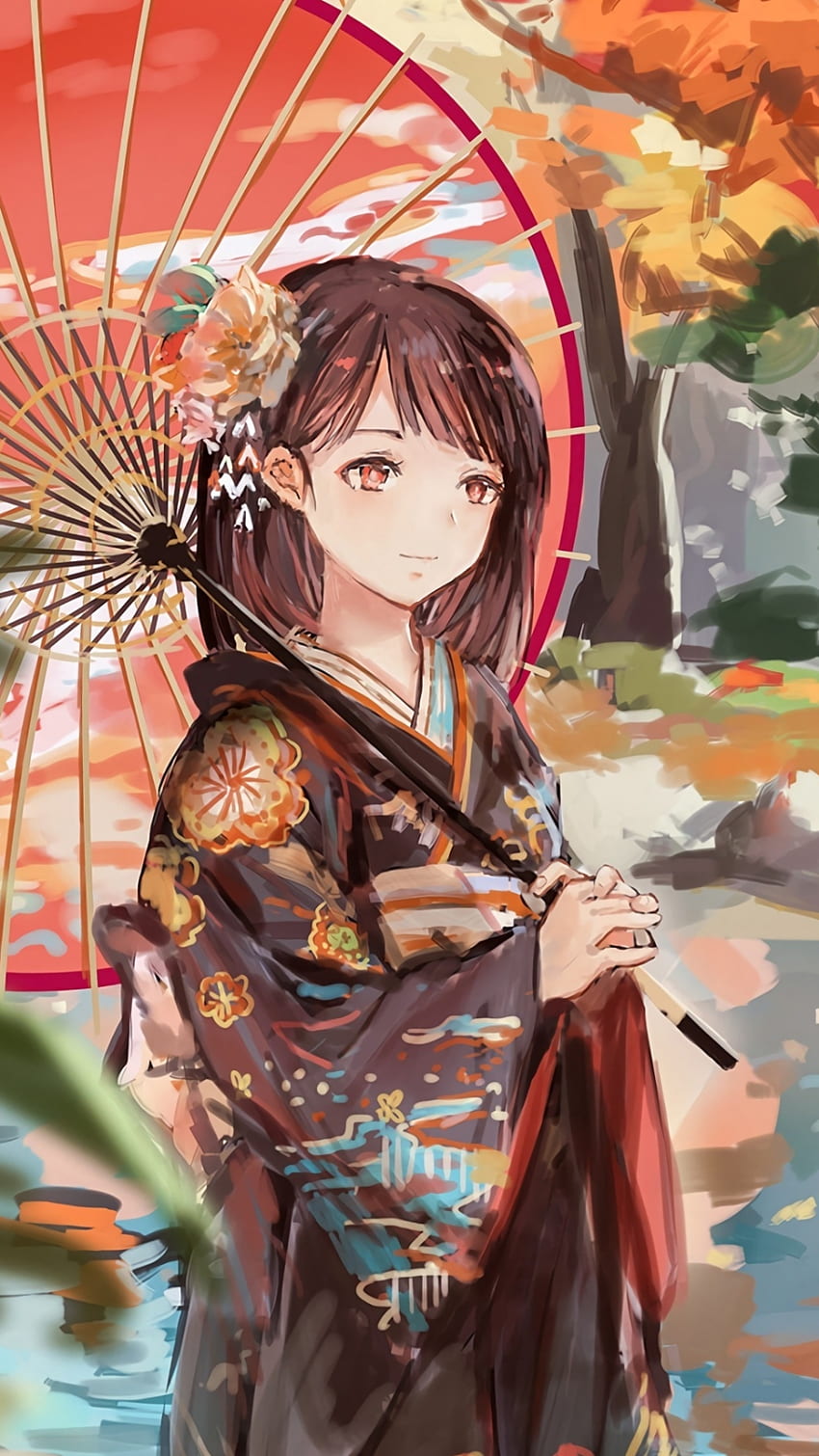 Japan Anime Umbrella Abyss, Kimono Girl Anime HD phone wallpaper
