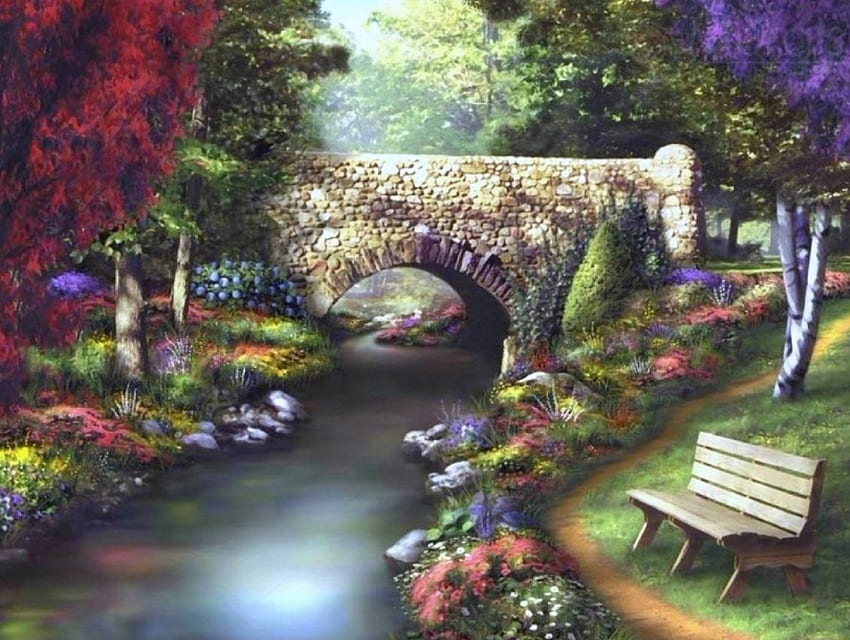 Sehari di Taman, bangku, anak sungai, atraksi dalam mimpi, taman, musim panas, taman, cinta empat musim, alam, bunga, jembatan Wallpaper HD