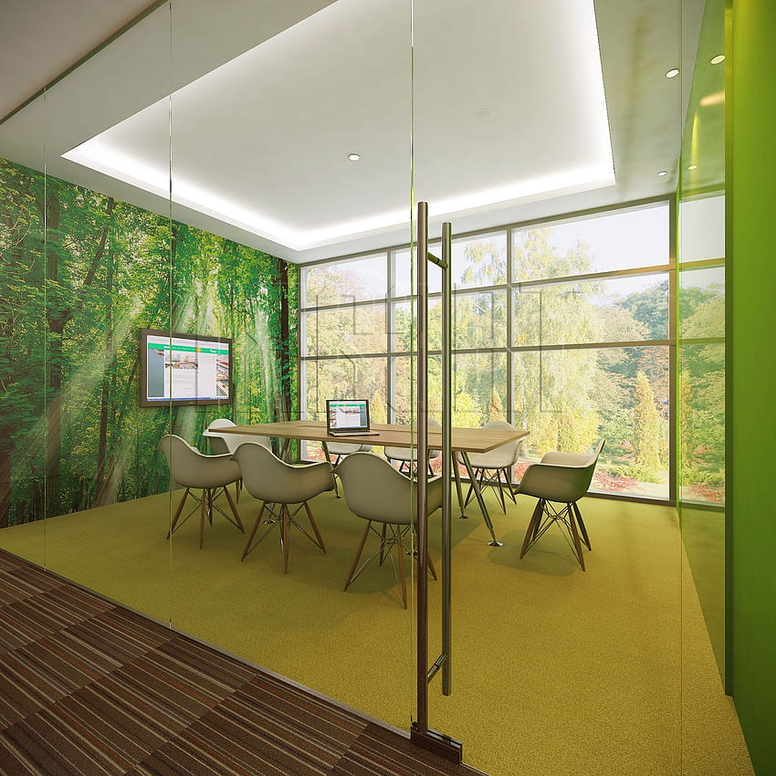 8명이 사용하기에 적합한 숲속 회의실. 잔디를 나타내는 녹색 색상의 카펫과 a. 그린 인테리어 디자인, 회의실 디자인, 회의실 디자인 HD 전화 배경 화면