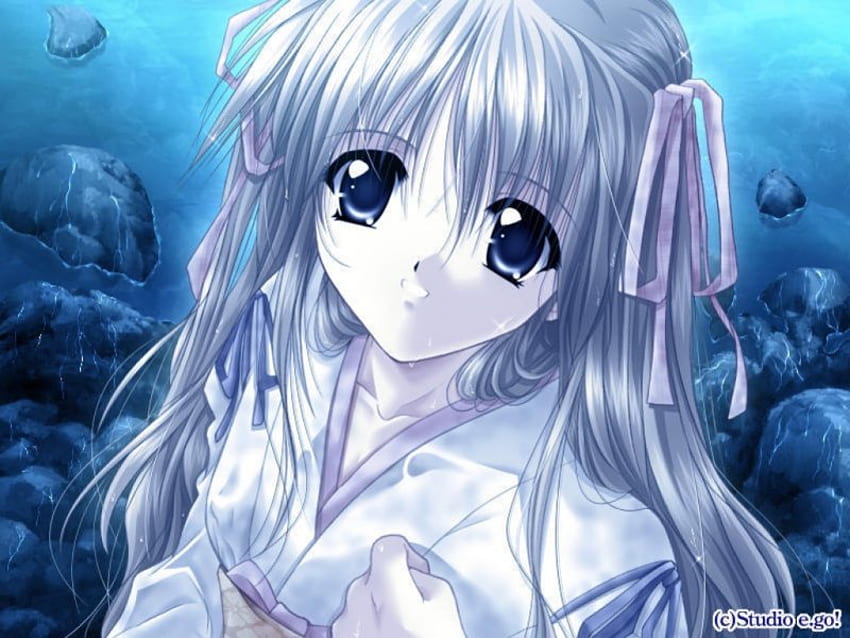 Wet, blue, anime, ribbon, girl, water, lake HD wallpaper