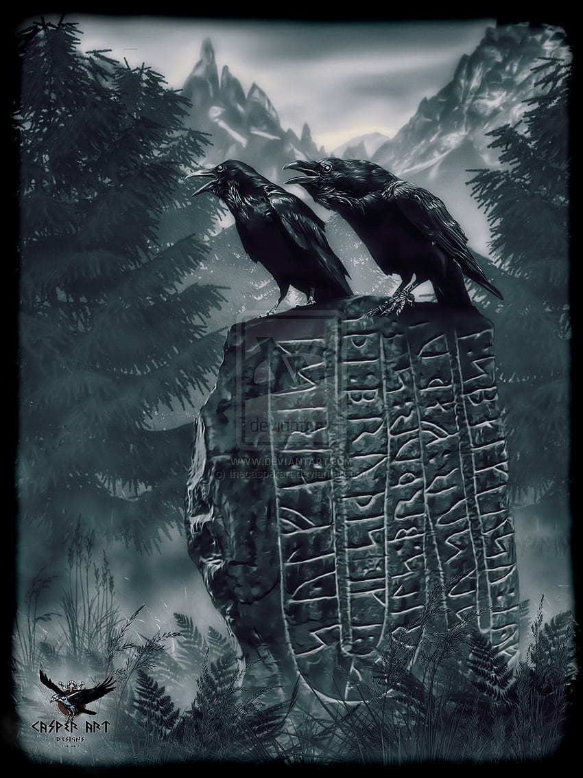 Huginn y Muninn en una piedra rúnica de thecasperart [] para tu móvil y tableta. Explora Runa vikinga. nórdico , mitología nórdica , nórdico fondo de pantalla del teléfono