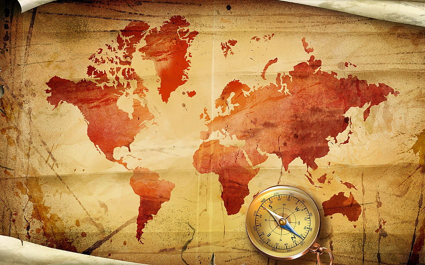 stara papierowa mapa świata, kompas, stara mapa, koncepcje mapy świata, koncepcje podróży, mapy świata Tapeta HD
