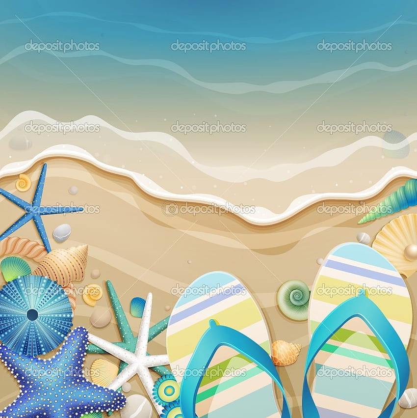 Flipflops im Sand. Flip Flops und Muscheln am Strand. Vektorgrafik © Aviany. Sommer Tumblr, Kunsthintergrund, Sommer HD-Handy-Hintergrundbild