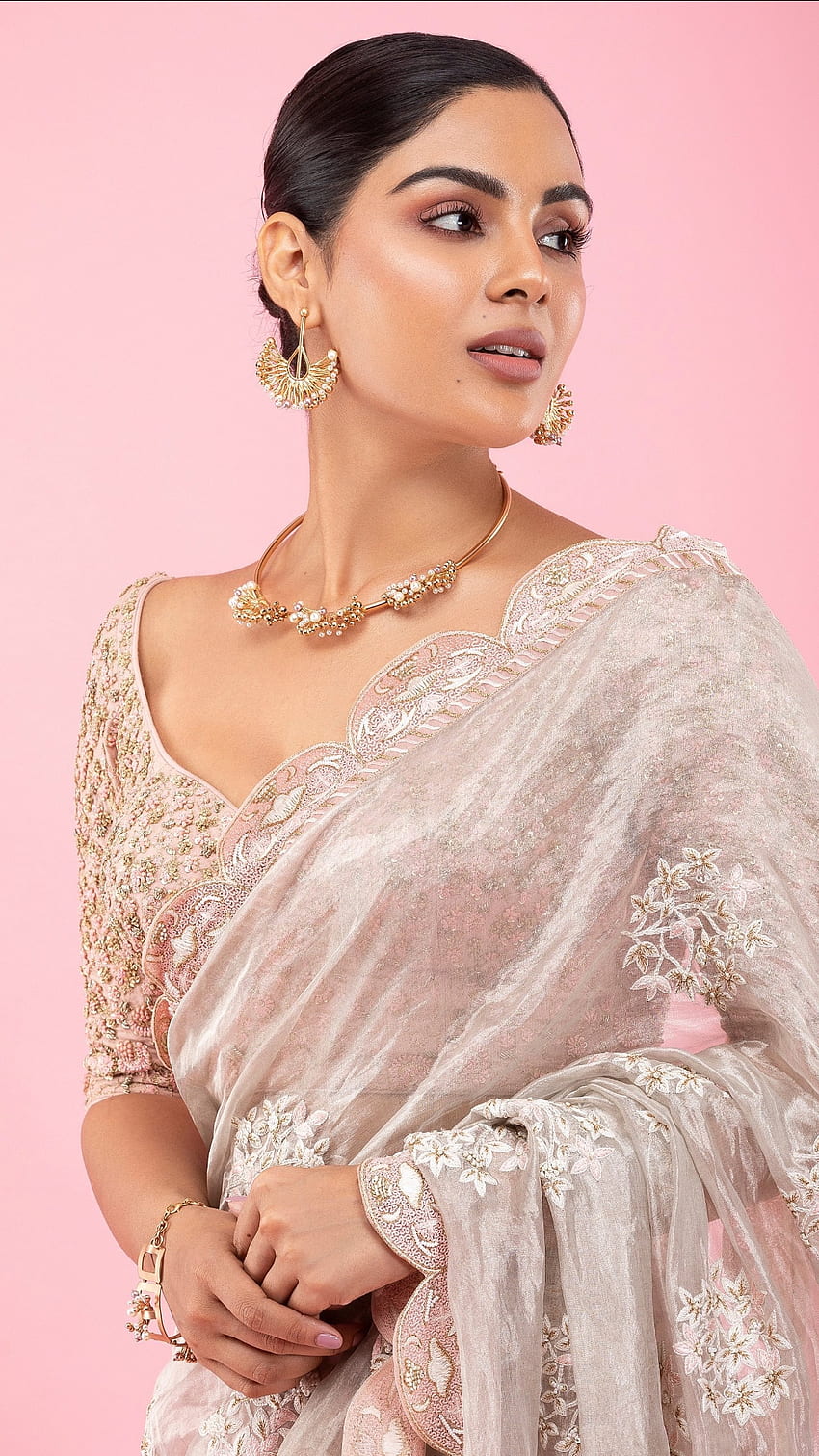 Samyuktha Menon, sari, dress, pink, shiny-dress HD phone wallpaper