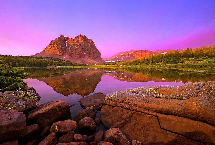 Lakes: Red Castle Lake Damra Sunset Grass Mountain Peak Beautiful, Utah Forest HD wallpaper