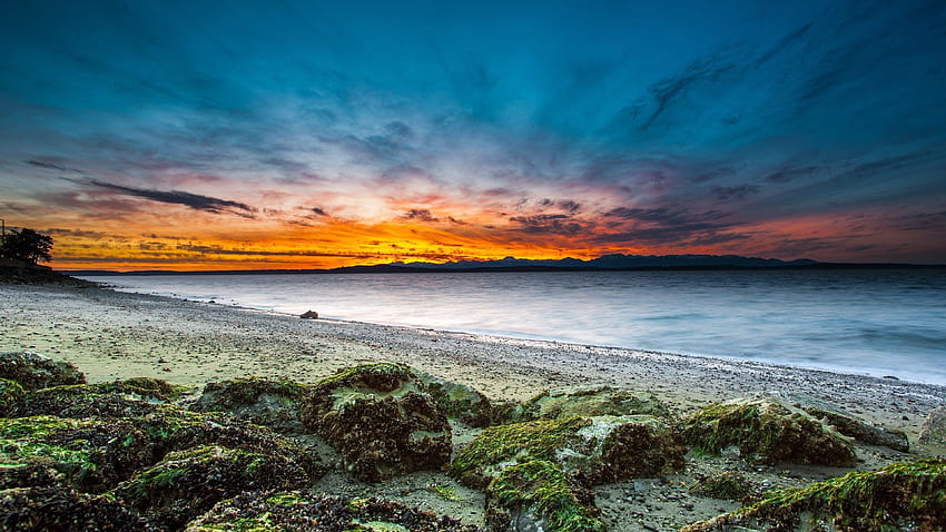 Zachód słońca, wybrzeże, pejzaż morski, przyroda Tapeta HD