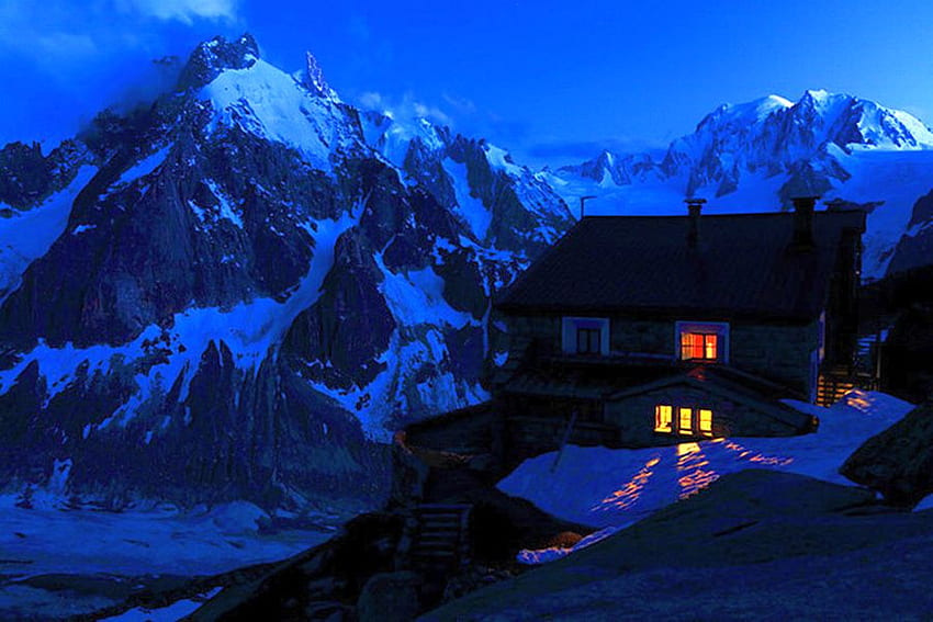 Mountains Hut, winter, blue, , hut, beautiful, mountains HD wallpaper