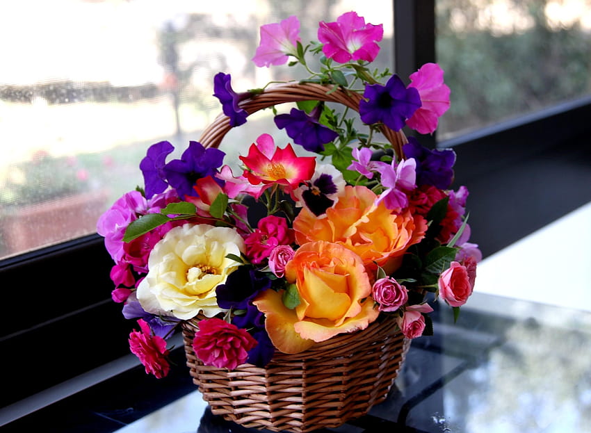 Flowers, Roses, Pansies, Basket, Composition, Petunia HD wallpaper