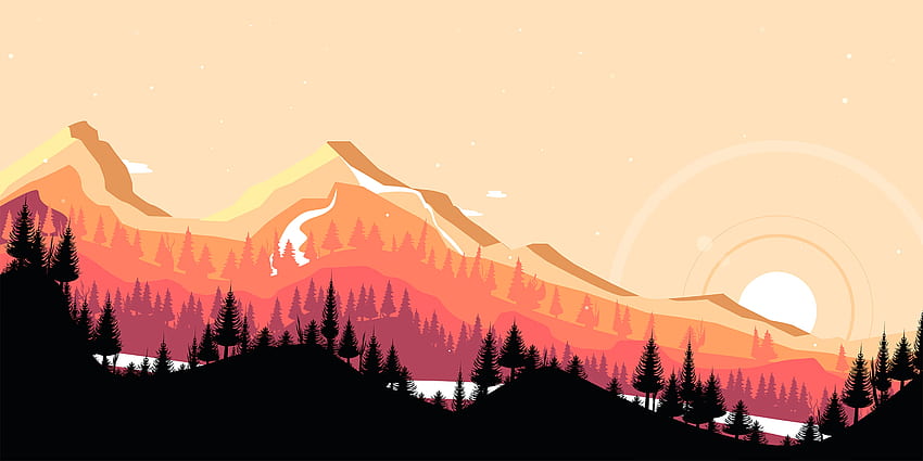 Pemandangan, Matahari Terbenam, Seni, Pegunungan, Vektor Wallpaper HD