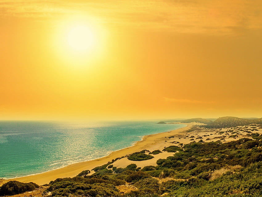 Playa de arena dorada, Chipre del Norte, Costa, Marina, Puesta de sol, Amarillo, Orilla del mar, Turquía, Naturaleza fondo de pantalla