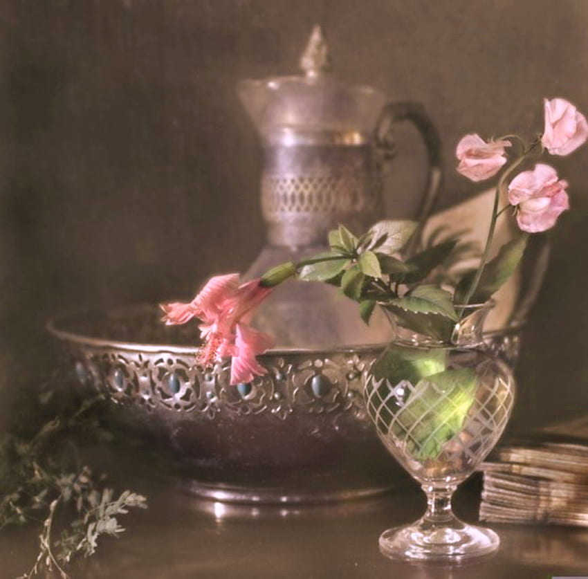 Sterling, Tisch, Rosa, Krug, Silber, Kelch, Blumen, Teller HD-Hintergrundbild