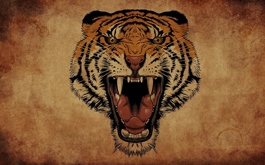 Ryk tygrysa, twarz, rysunek artystyczny, głowa ryczącego tygrysa Tapeta HD