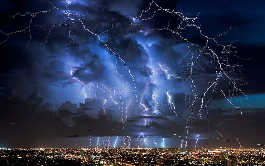 lightning, nature, electricity, clouds, city, graphy, cityscape, night, sky, lights, storm HD wallpaper