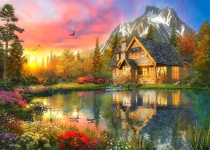 Mountain Cabin, canoe, attractions in dreams, garden, paradise, paintings, houses, summer, love four seasons, lakes, cabins, nature, flowers, mountains, truck HD wallpaper