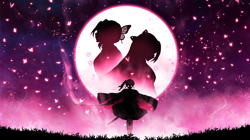 Demon Slayer Kanae Kocho Kanao Tsuyuri Shinobu Kochou con di luna e farfalle luminose Anime. Sfondo HD
