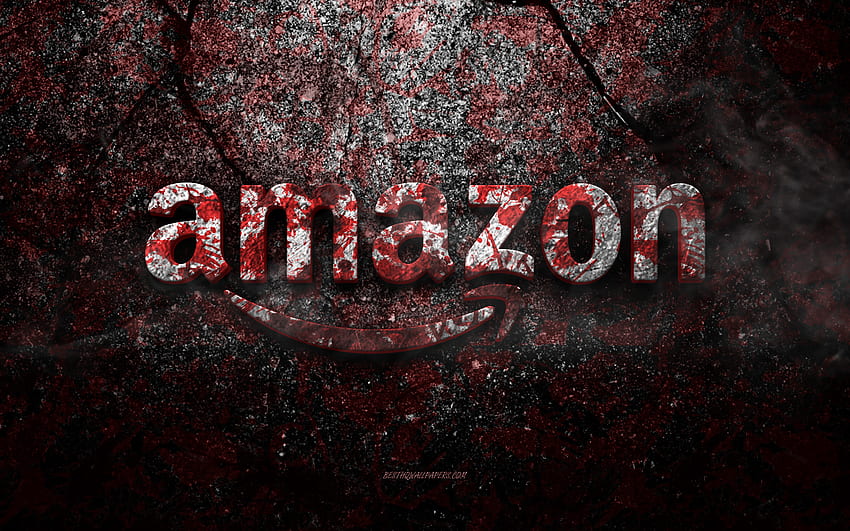 Лого на Amazon, гръндж изкуство, каменно лого на Amazon, текстура на червен камък, Amazon, гръндж каменна текстура, емблема на Amazon, лого на Amazon 3d HD тапет
