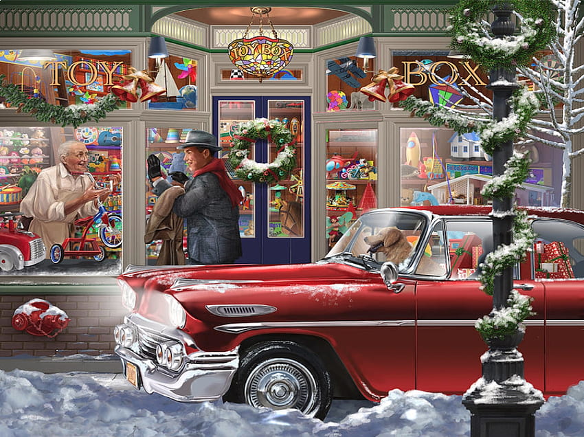 장난감 상자에서 막판 크리스마스 쇼핑, 겨울, 개, 장난감, 눈, 크리스마스, 장난감 상자, 자동차, 빨강 HD 월페이퍼