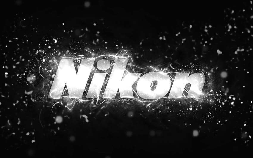 โลโก้ Nikon สีขาว, ไฟนีออนสีขาว, สร้างสรรค์, พื้นหลังนามธรรมสีดำ, โลโก้ Nikon, แบรนด์, Nikon วอลล์เปเปอร์ HD