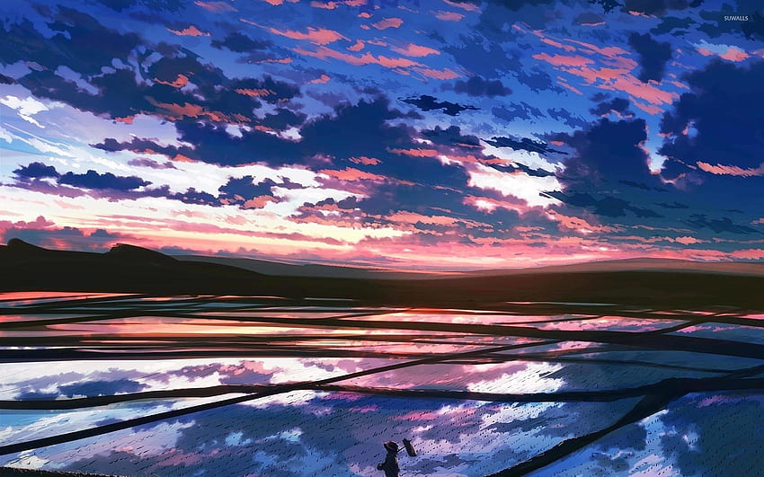 日没時の田んぼ - デジタルアート、ブルーサンセットアート 高画質の壁紙