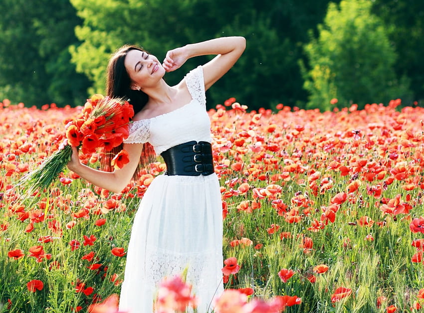 Poppy Field Dream, bouquet, sunlight, trees, women, happiness, poppy field, beauty HD wallpaper