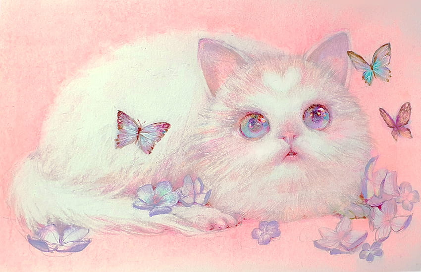 Gatinho e borboletas, pastel, gatinho, azul, frumusete, branco, arte, lindo, fofo, gato, ahwa, soberbo, rosa, pisici, fantasia, borboleta, luminos papel de parede HD