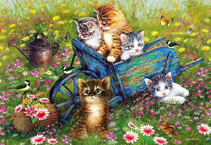Cats In The Garden, flowers, cart, kittens, butterflies, basket, painting HD wallpaper