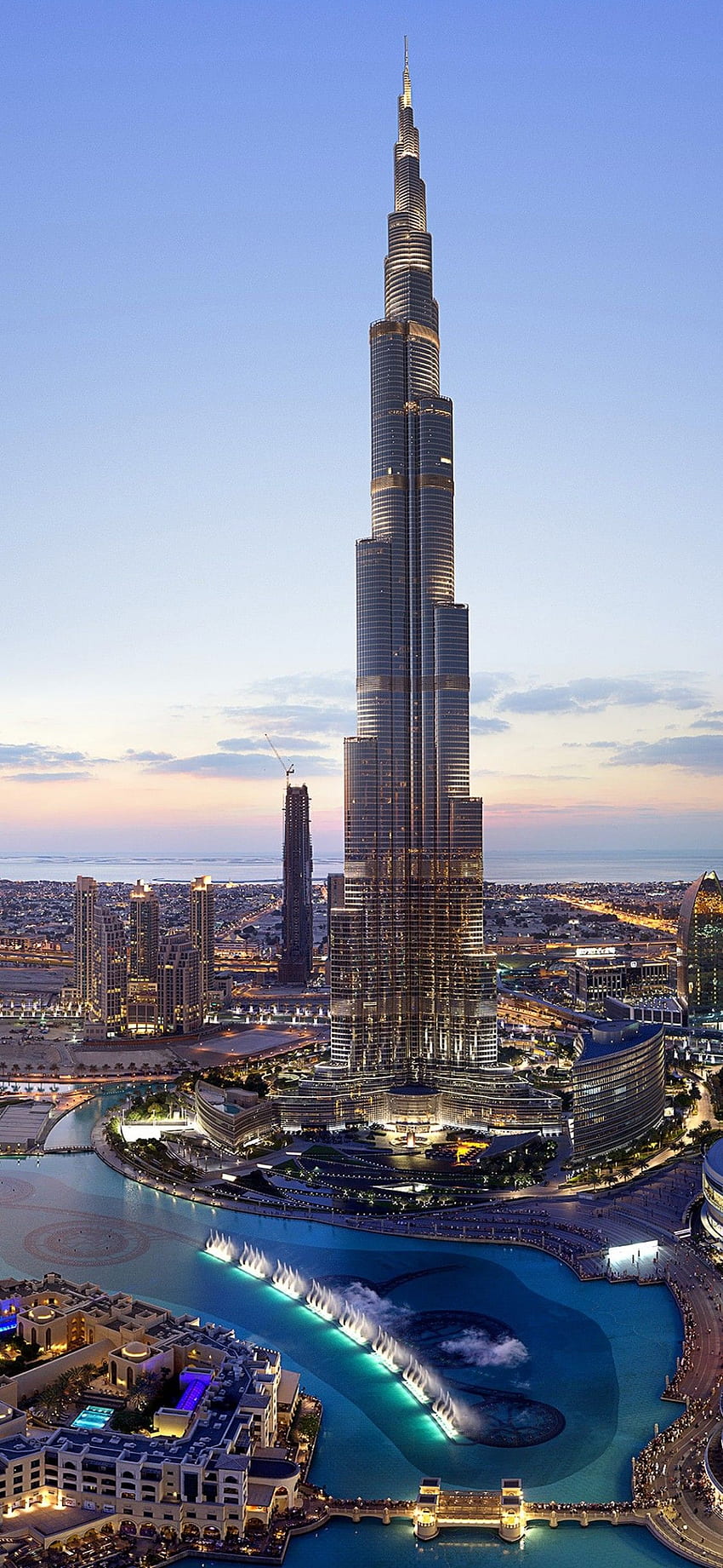 Burj Khalifa , Dubai, Paysage urbain, Gratte-ciel, Crépuscule, Clearsky, Coucher de soleil, Vue aérienne, Monde Fond d'écran de téléphone HD