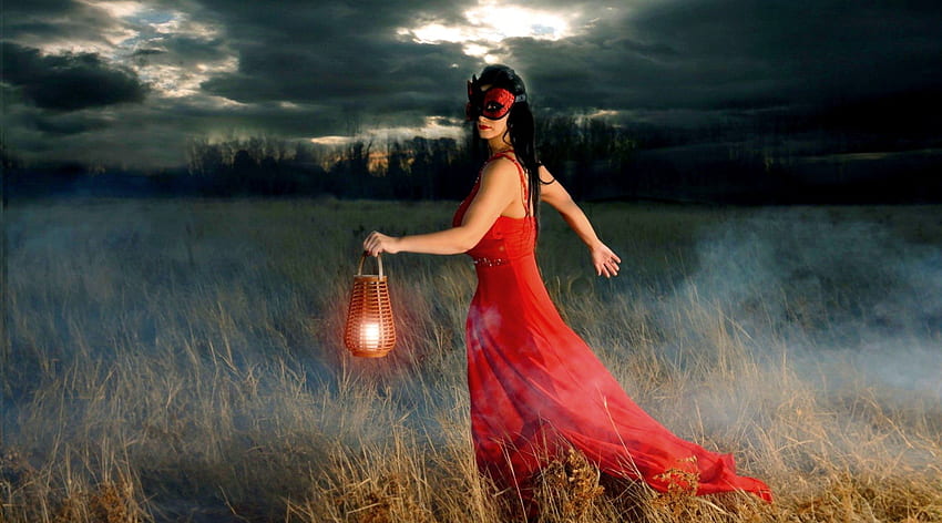 LADY with LAMP, night, lady, mask, field, lamp, red, dress HD wallpaper