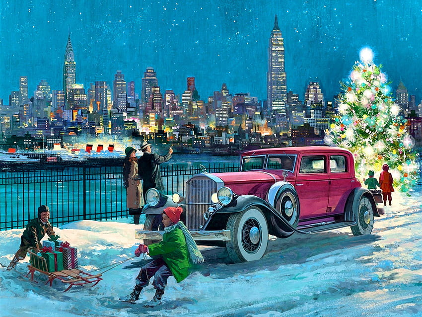 1931 Pierce Arrow F1mp, invierno, autos, automóvil, 1931, Nueva York, pintura, nieve, Pierce Arrow, arte, EE. UU., hermosa, ilustración, obras de arte, ancha, Ciudad de Nueva York, Navidad, auto fondo de pantalla