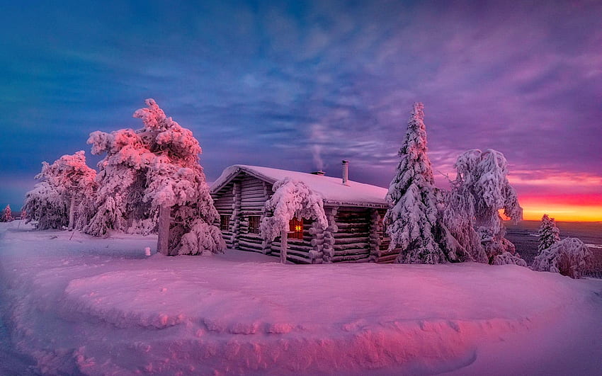 Зимен залез, къща, сняг, студ, небе, залез, дърво, зима, скреж, красиво, лилаво, хижа HD тапет