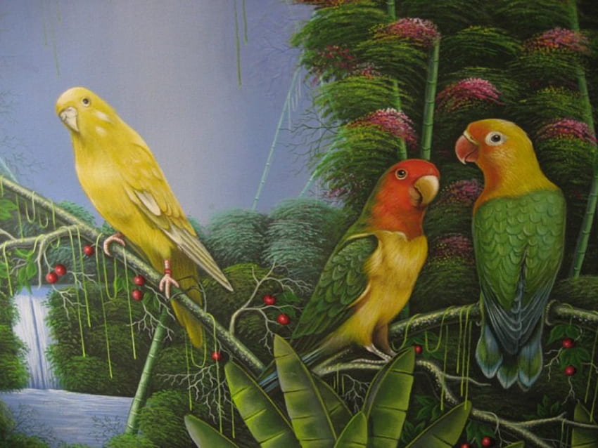 Burung beo di Dedaunan, burung beo, lukisan, tropis, air terjun, beri Wallpaper HD