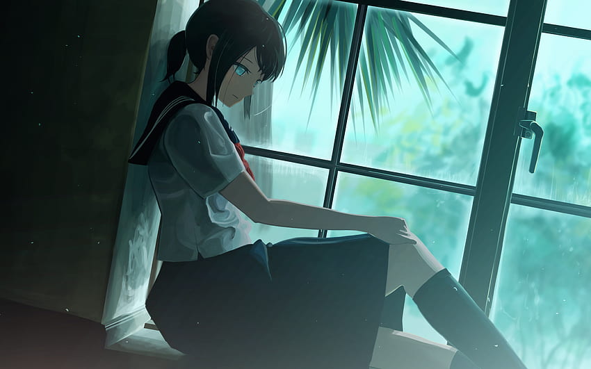 アニメ女子高生, 窓, 座る, 縦断ビュー 高画質の壁紙