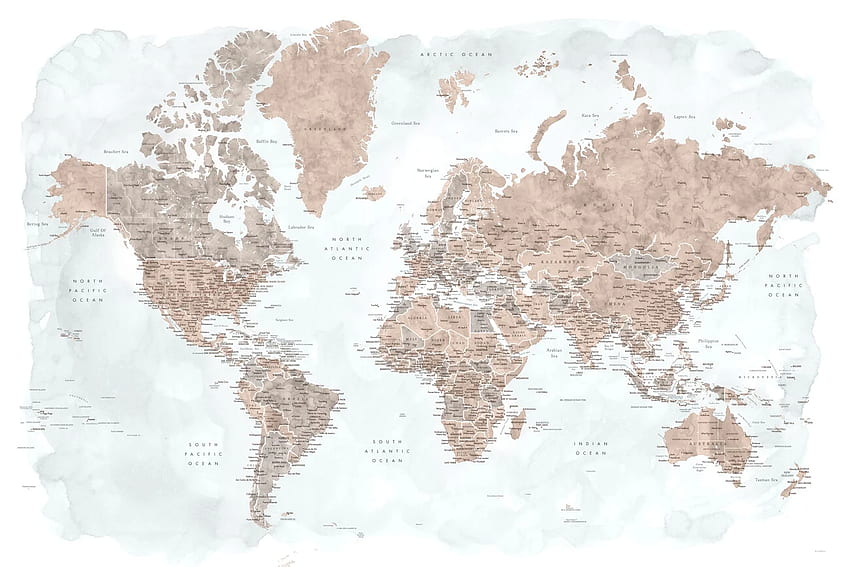 Map of Neutrals and muted blue watercolor world map with cities, Calista ǀ Maps of all cities and countries for your wall HD wallpaper