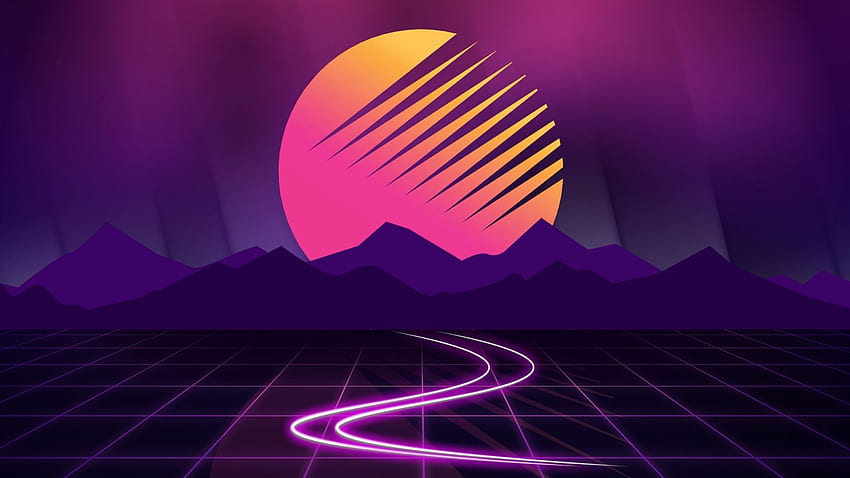neon, cyberwave, purple, mountains HD wallpaper