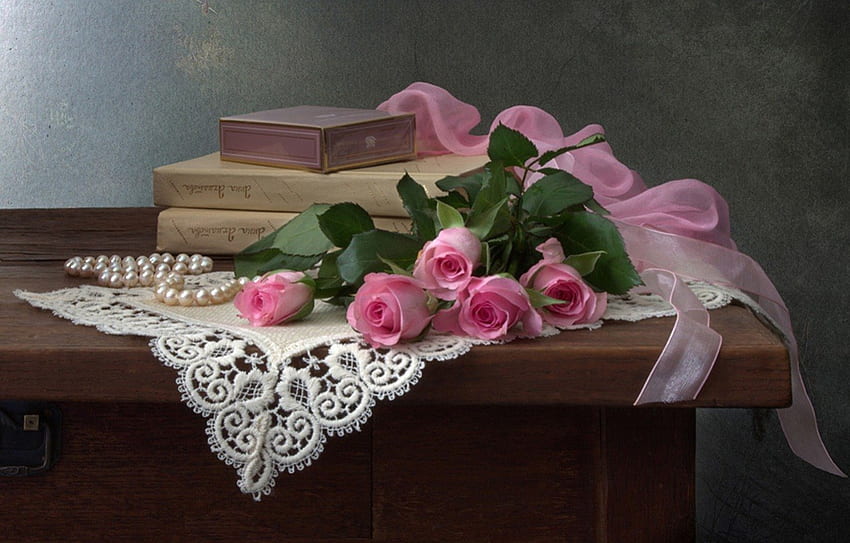 Still Life ✿, books, still life, old, pink, roses, flowers, femininity, pears HD wallpaper